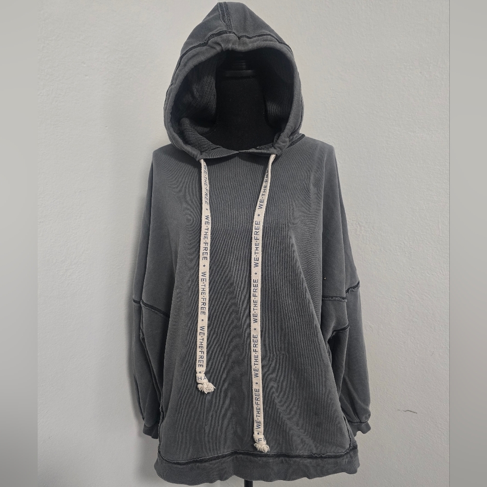 Free People Oversized Washed Charcoal Gray Hoodie with Drawstrings